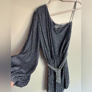 RETROFÊTE Bridgette one-shoulder velvet-trimmed sequined chiffon mini dress SZ S